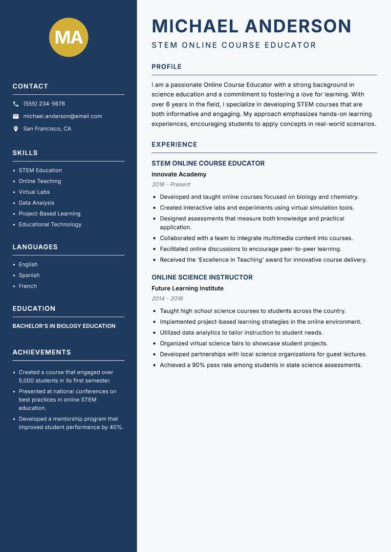 Online Course Educator Resume Preview Example