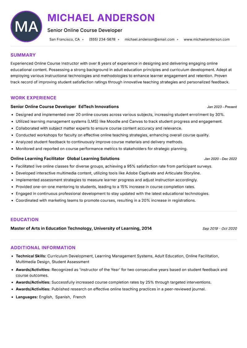 Online Course Instructor Resume Preview Example