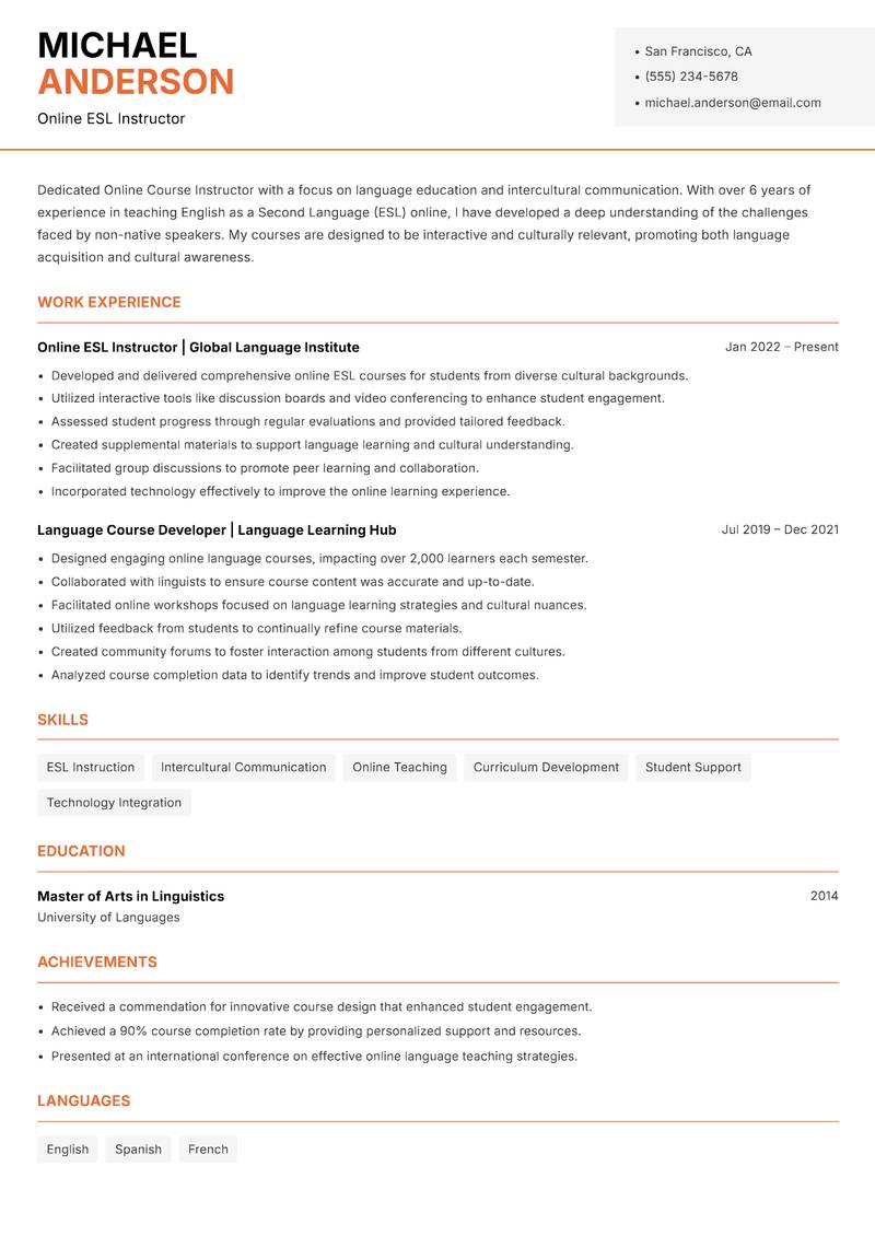 Online Course Instructor Resume Template