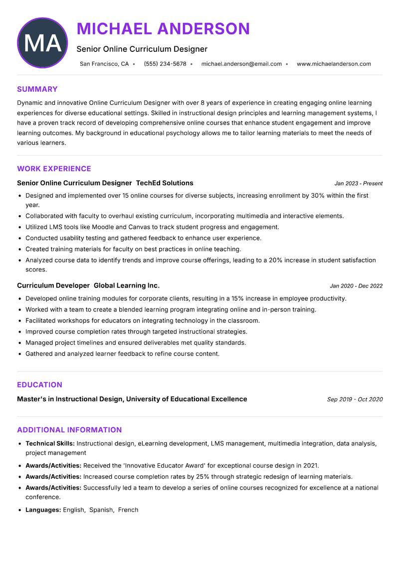 Online Curriculum Designer Resume Preview Example