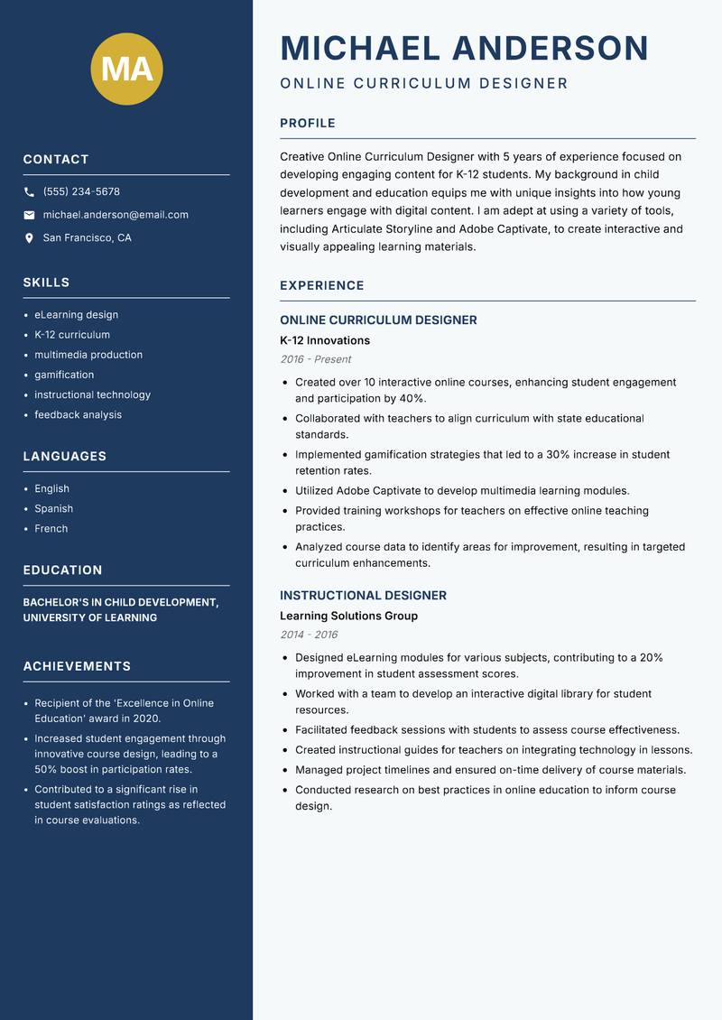Online Curriculum Designer Resume Preview Example