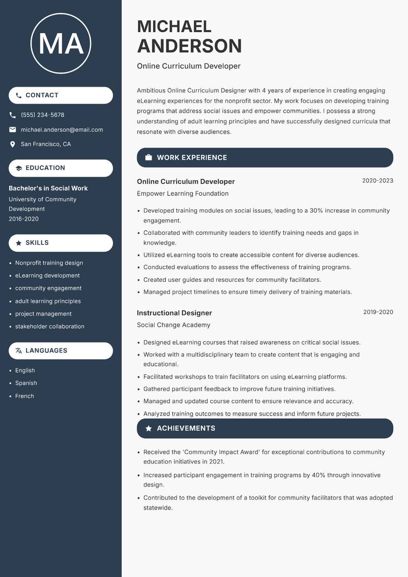 Online Curriculum Designer Resume Preview Example
