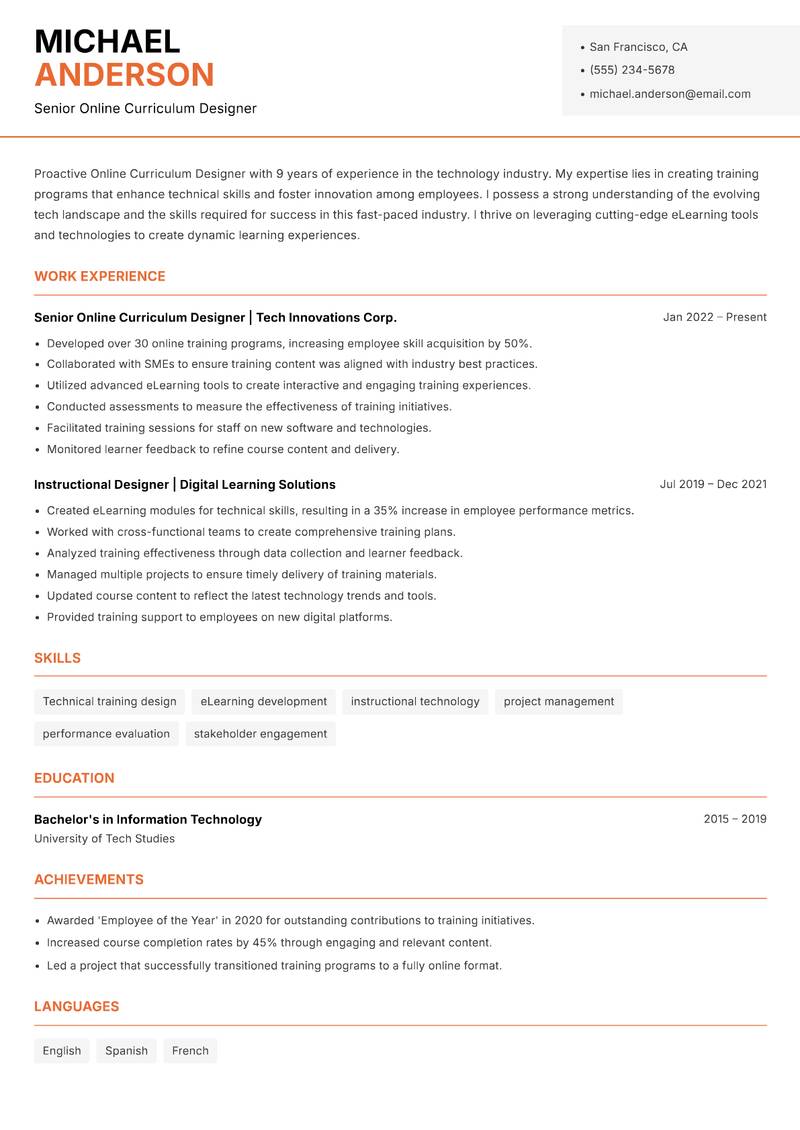 Online Curriculum Designer Resume Template
