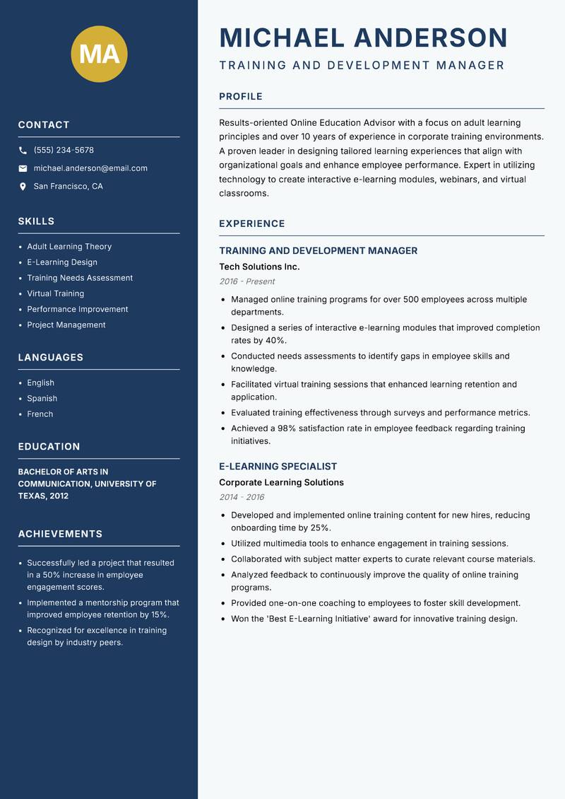 Online Education Advisor Resume Preview Example