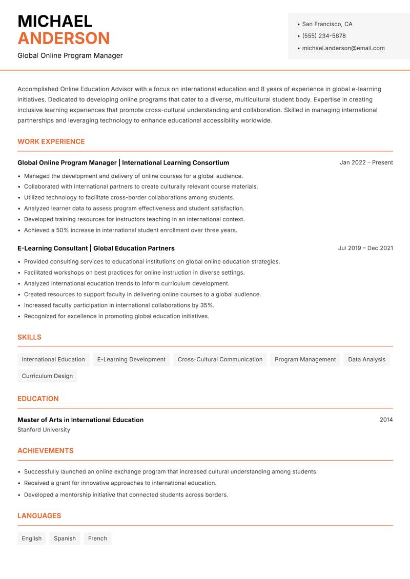 Online Education Advisor Resume Template