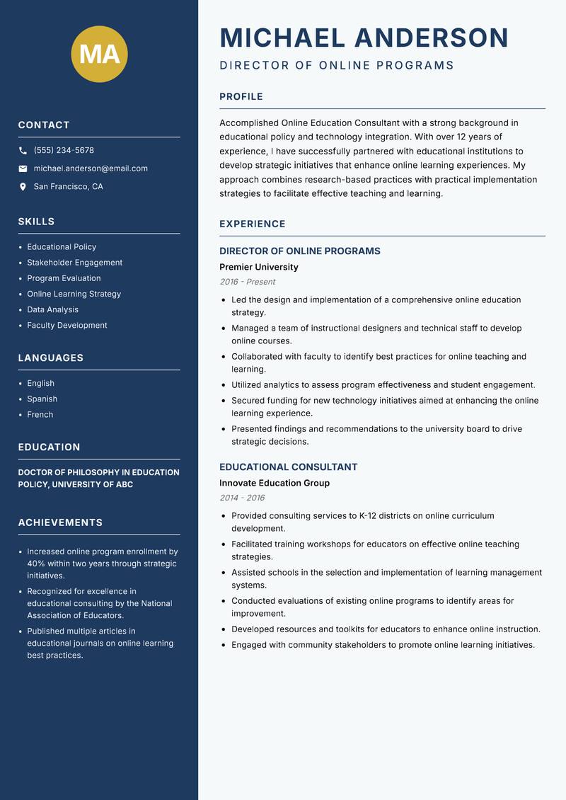 Online Education Consultant Resume Preview Example
