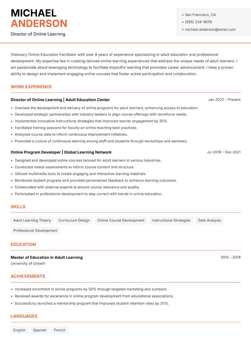 Online Education Facilitator Resume Template