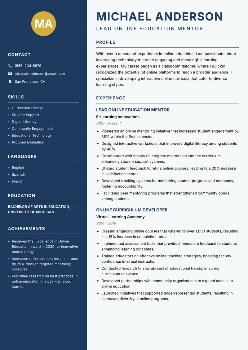 Online Education Mentor Resume Preview Example