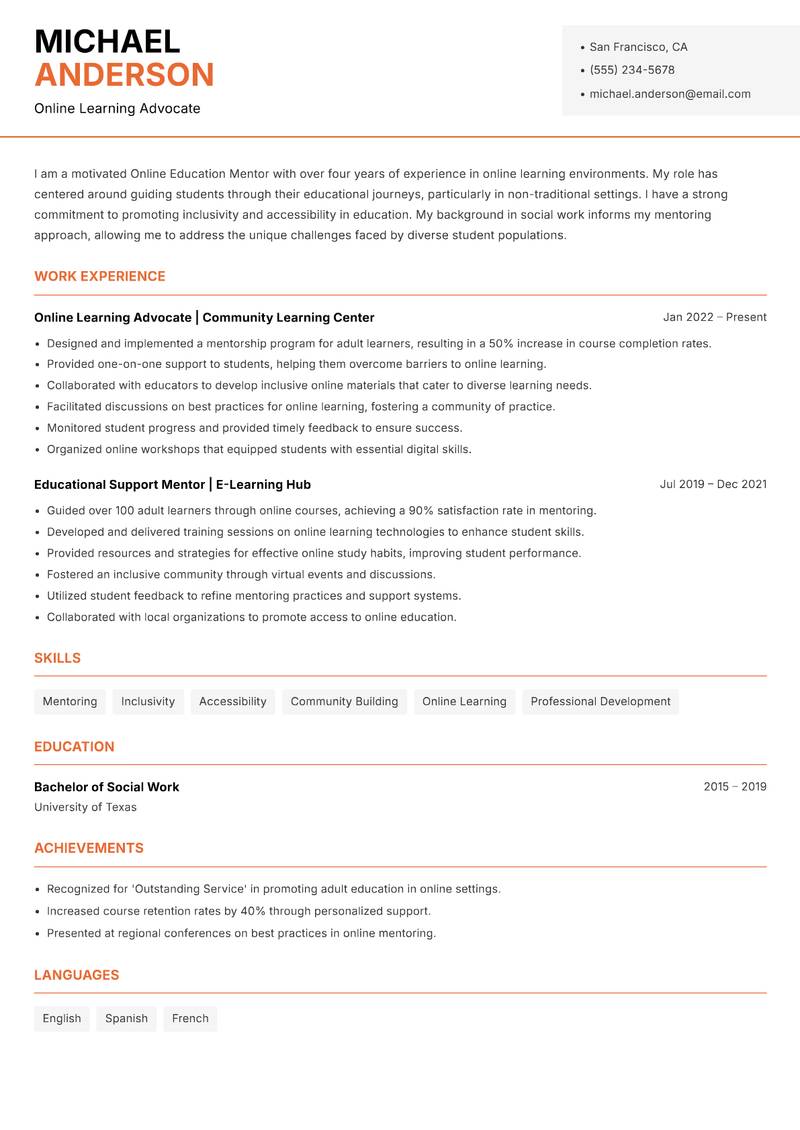 Online Education Mentor Resume Template