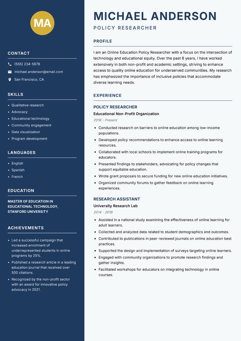 Online Education Policy Researcher Resume Preview Example
