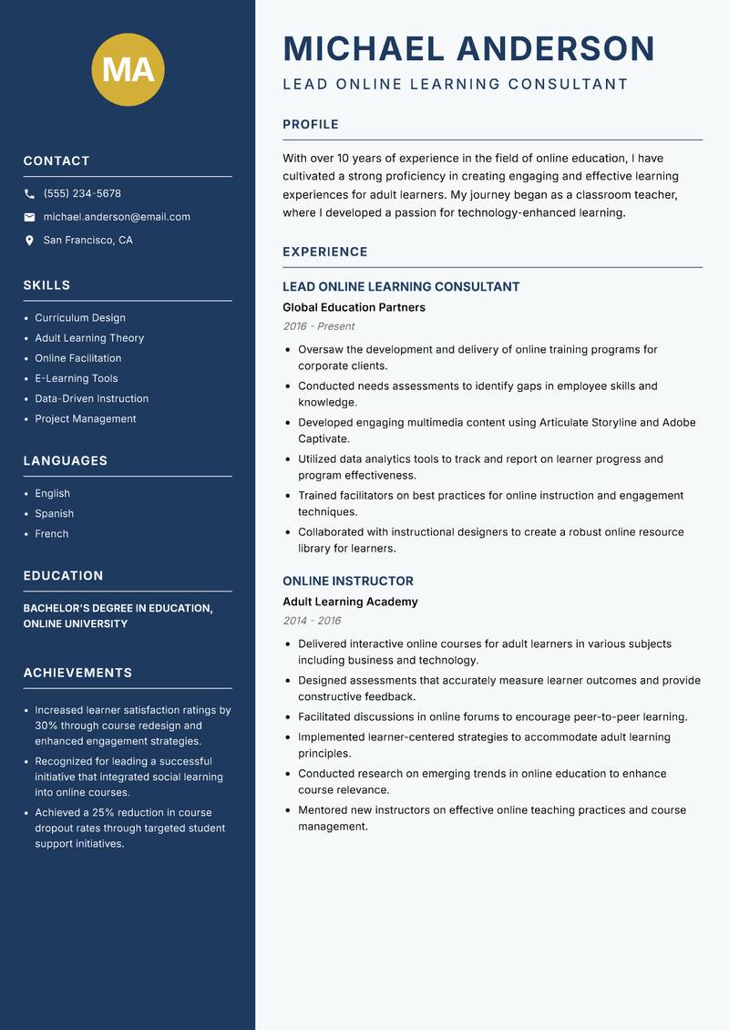 Online Education Practitioner Resume Preview Example