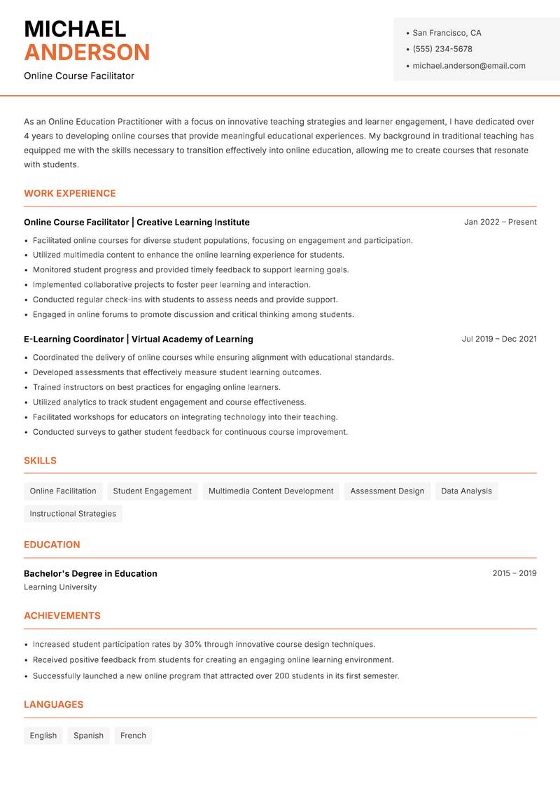 Online Education Practitioner Resume Template
