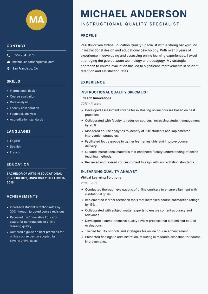 Online Education Quality Specialist Resume Preview Example
