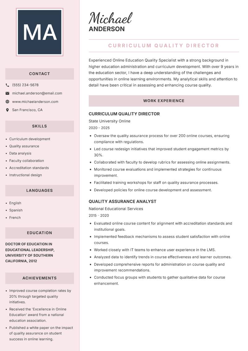 Online Education Quality Specialist Resume Preview Example