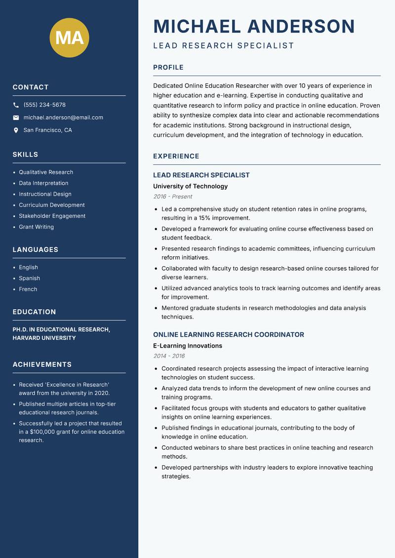 Online Education Researcher Resume Preview Example