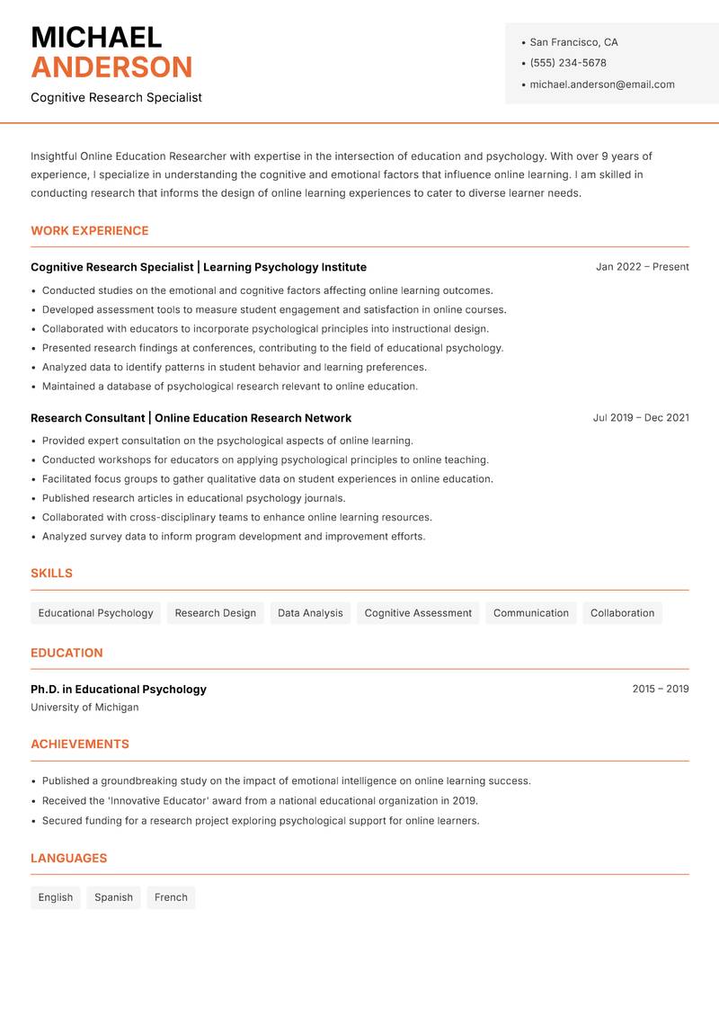Online Education Researcher Resume Template