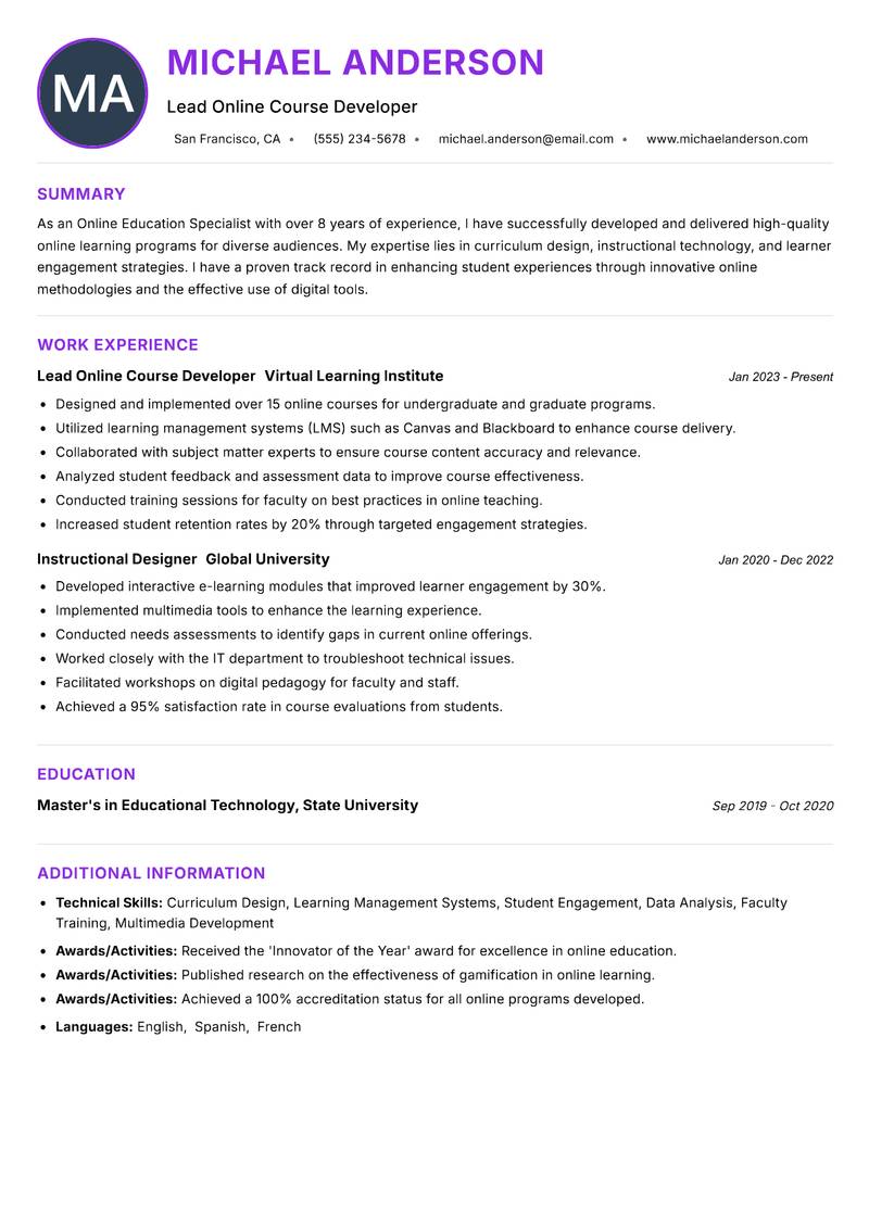 Online Education Specialist Resume Preview Example