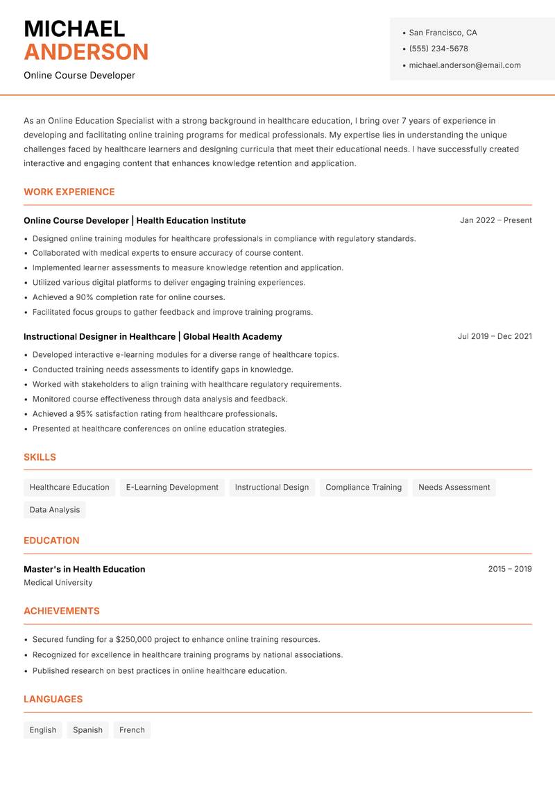 Online Education Specialist Resume Template