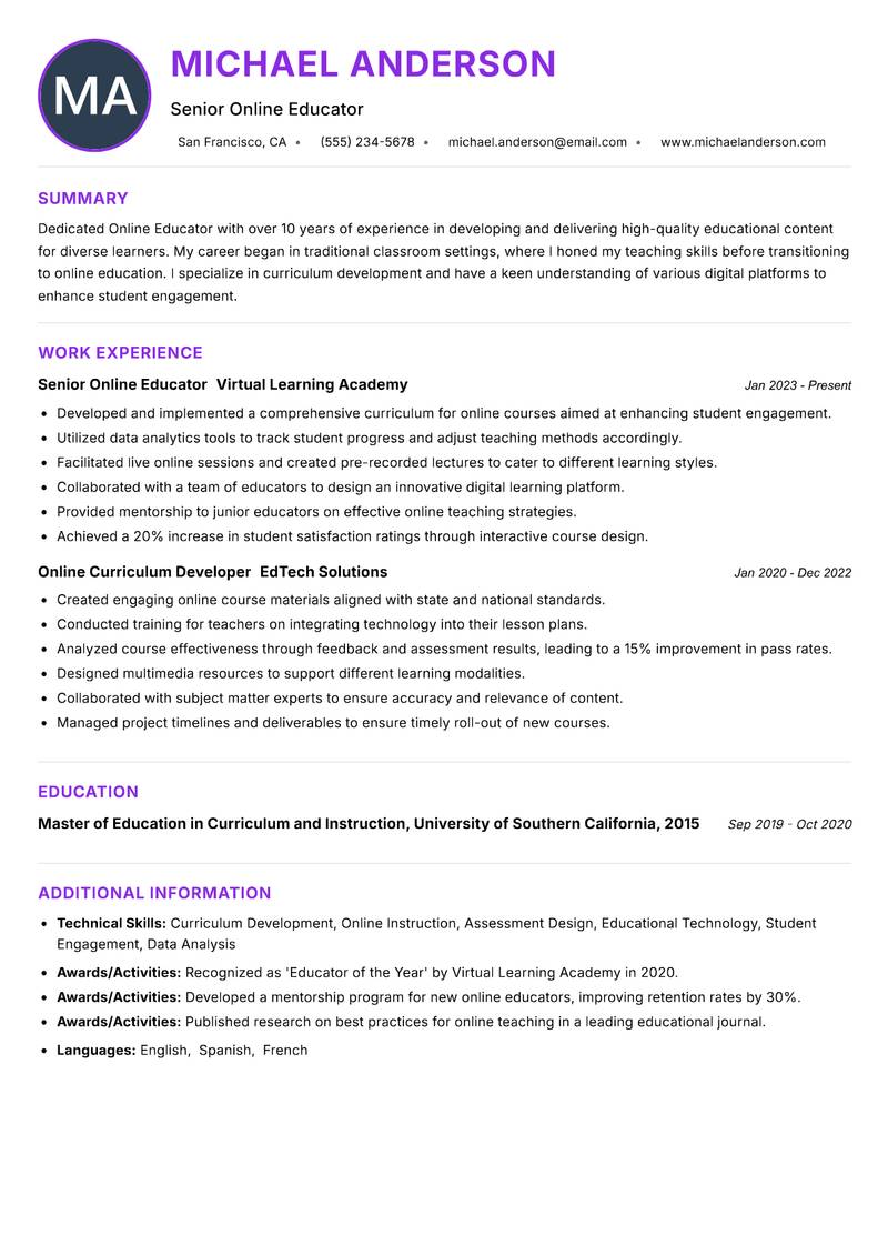 Online Educator Resume Preview Example