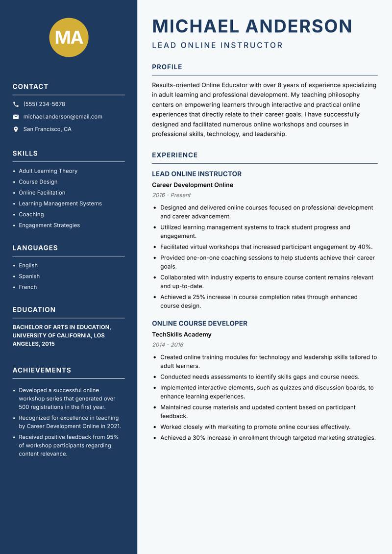 Online Educator Resume Preview Example