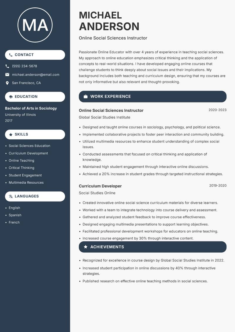 Online Educator Resume Preview Example