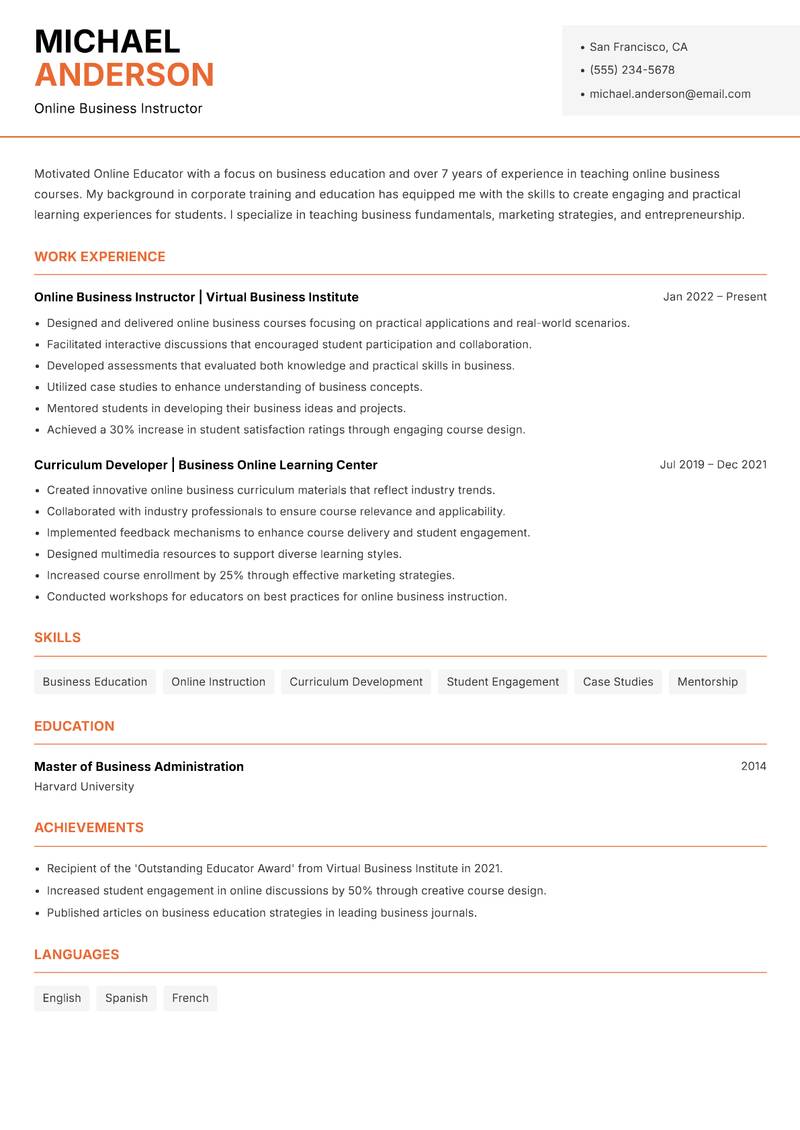 Online Educator Resume Template