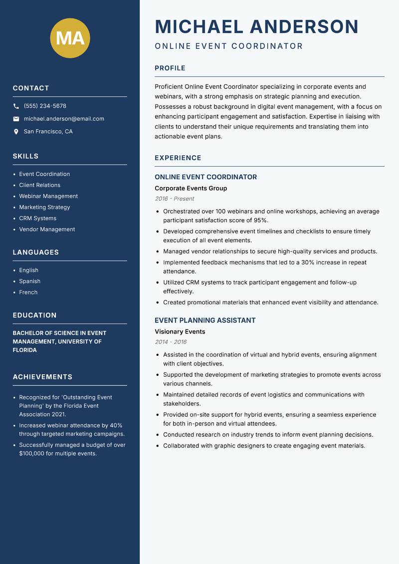 Online Event Coordinator Resume Preview Example