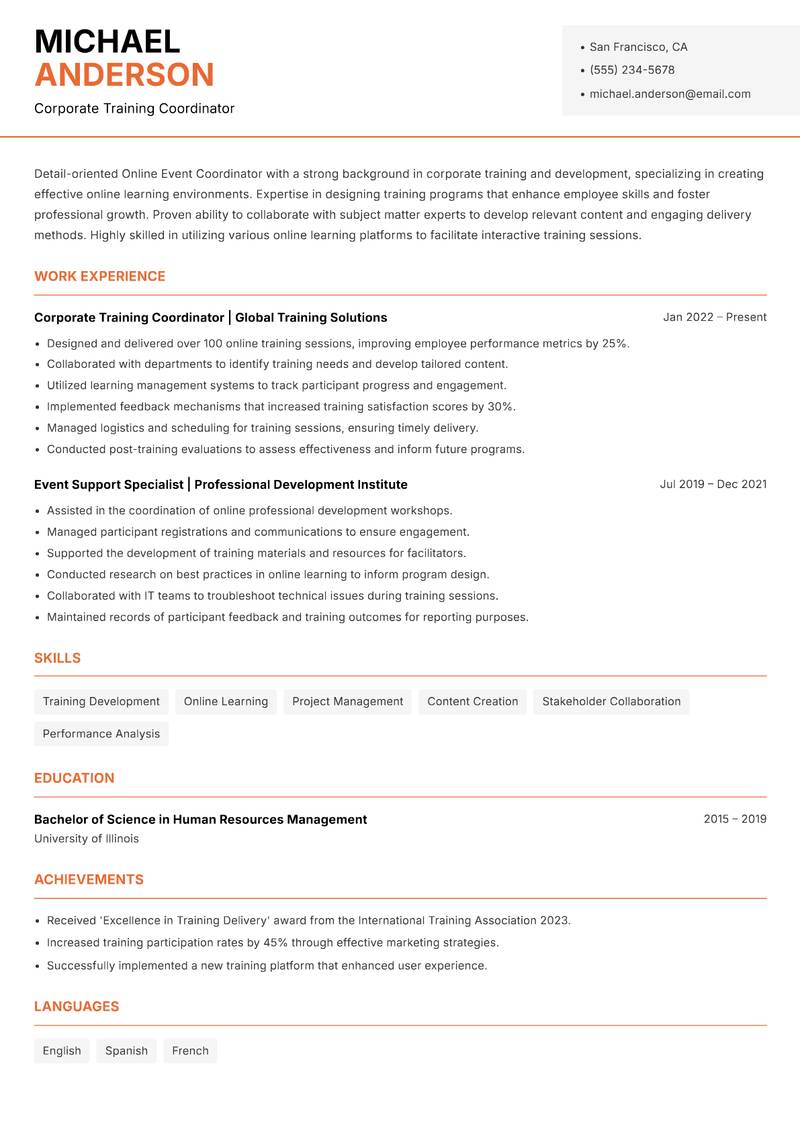 Online Event Coordinator Resume Template