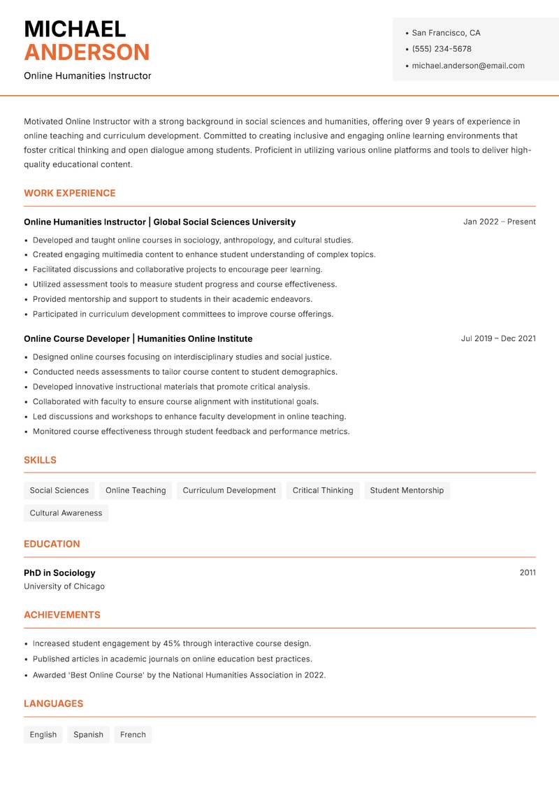 Online Instructor Resume Template
