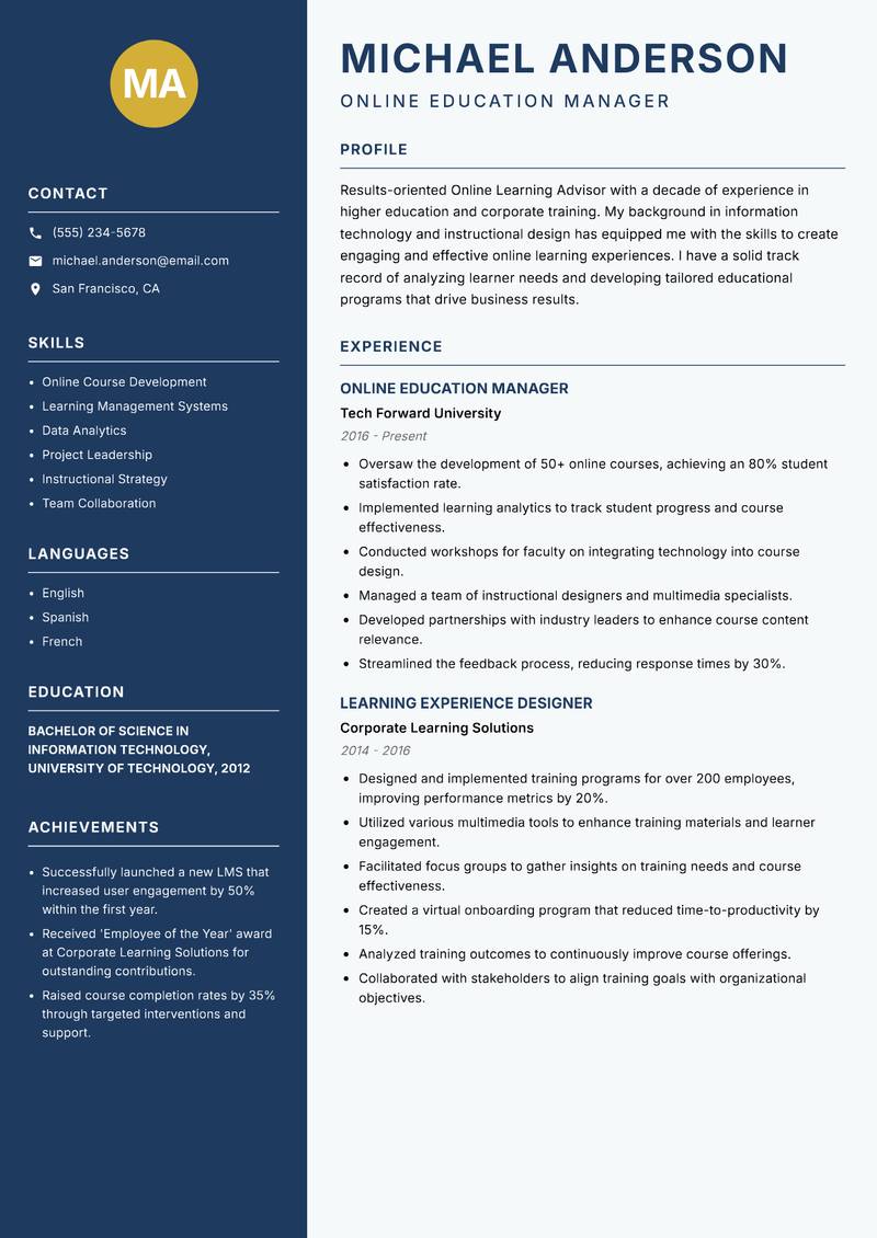 Online Learning Advisor Resume Preview Example