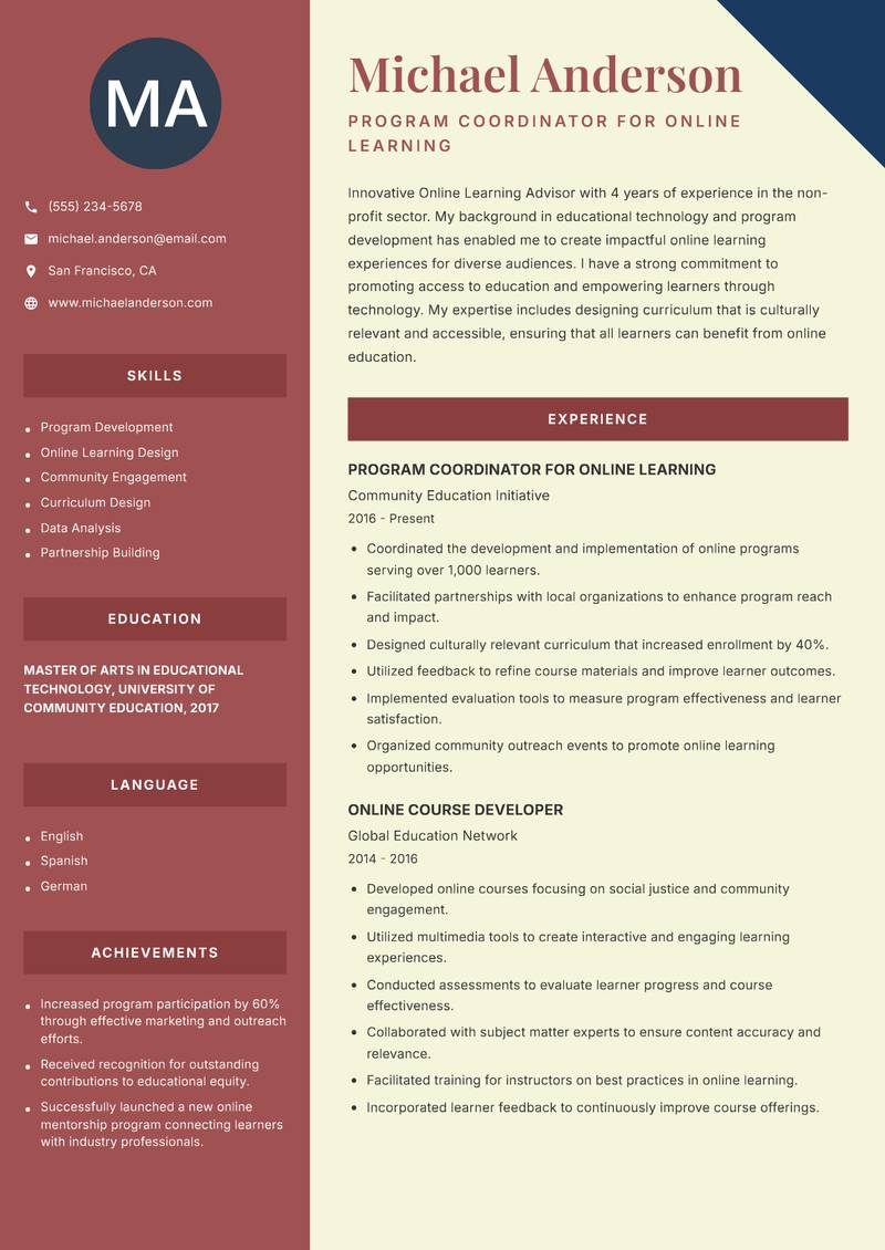 Online Learning Advisor Resume Preview Example