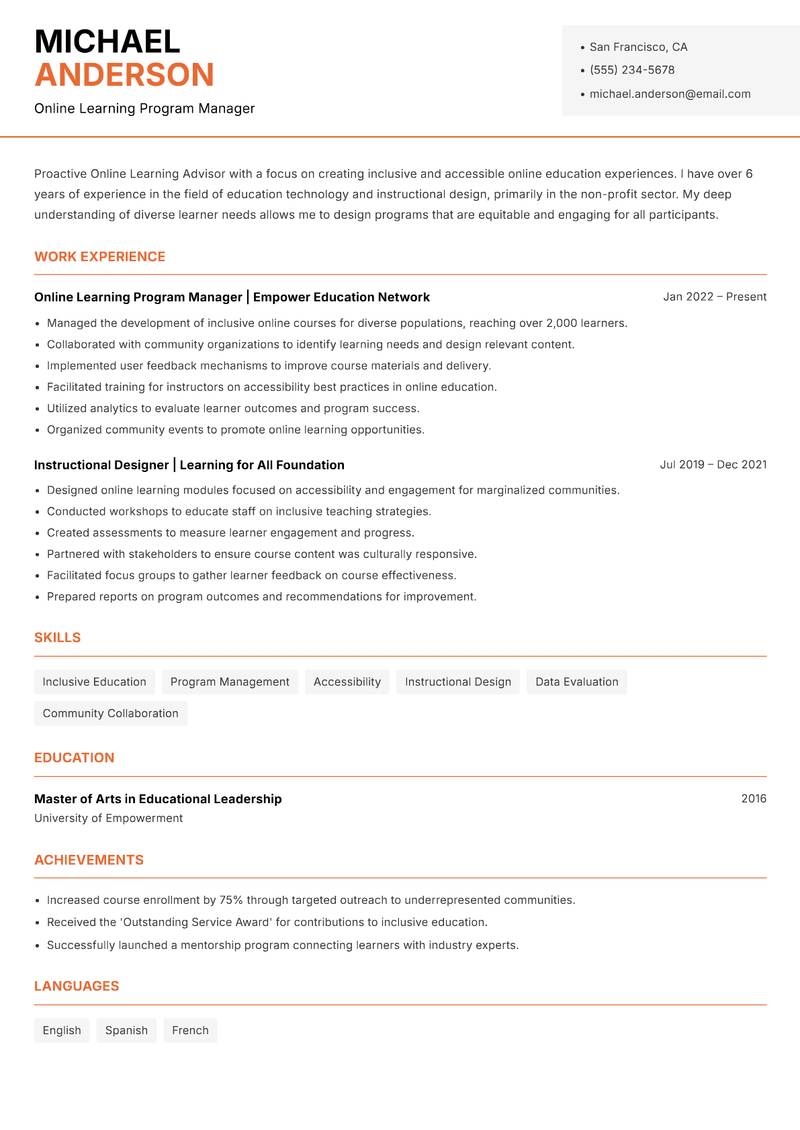 Online Learning Advisor Resume Template