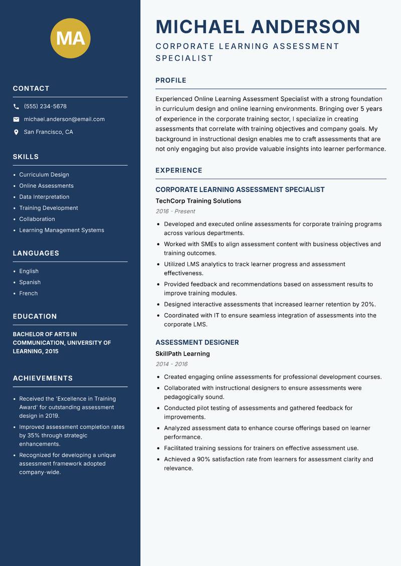 Online Learning Assessment Specialist Resume Preview Example