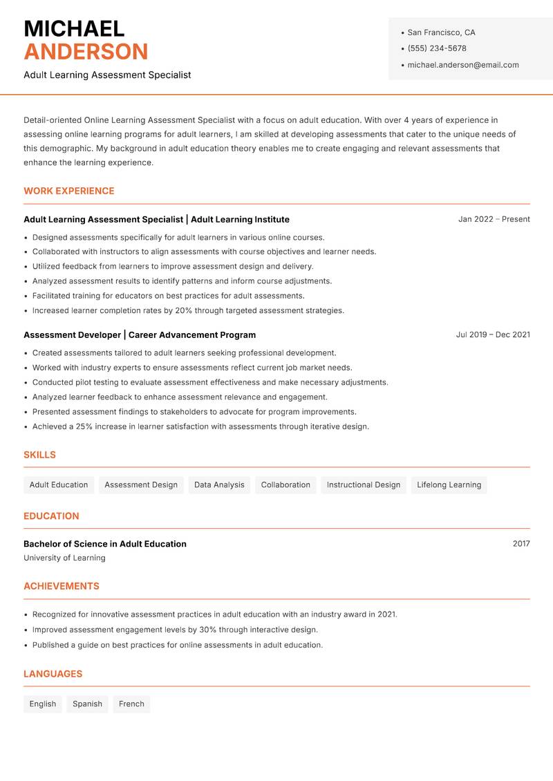 Online Learning Assessment Specialist Resume Template