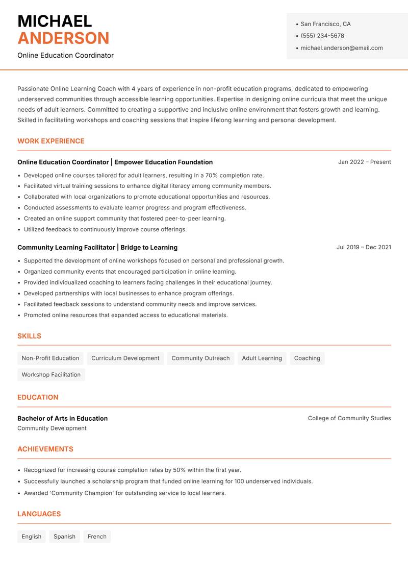 Online Learning Coach Resume Template