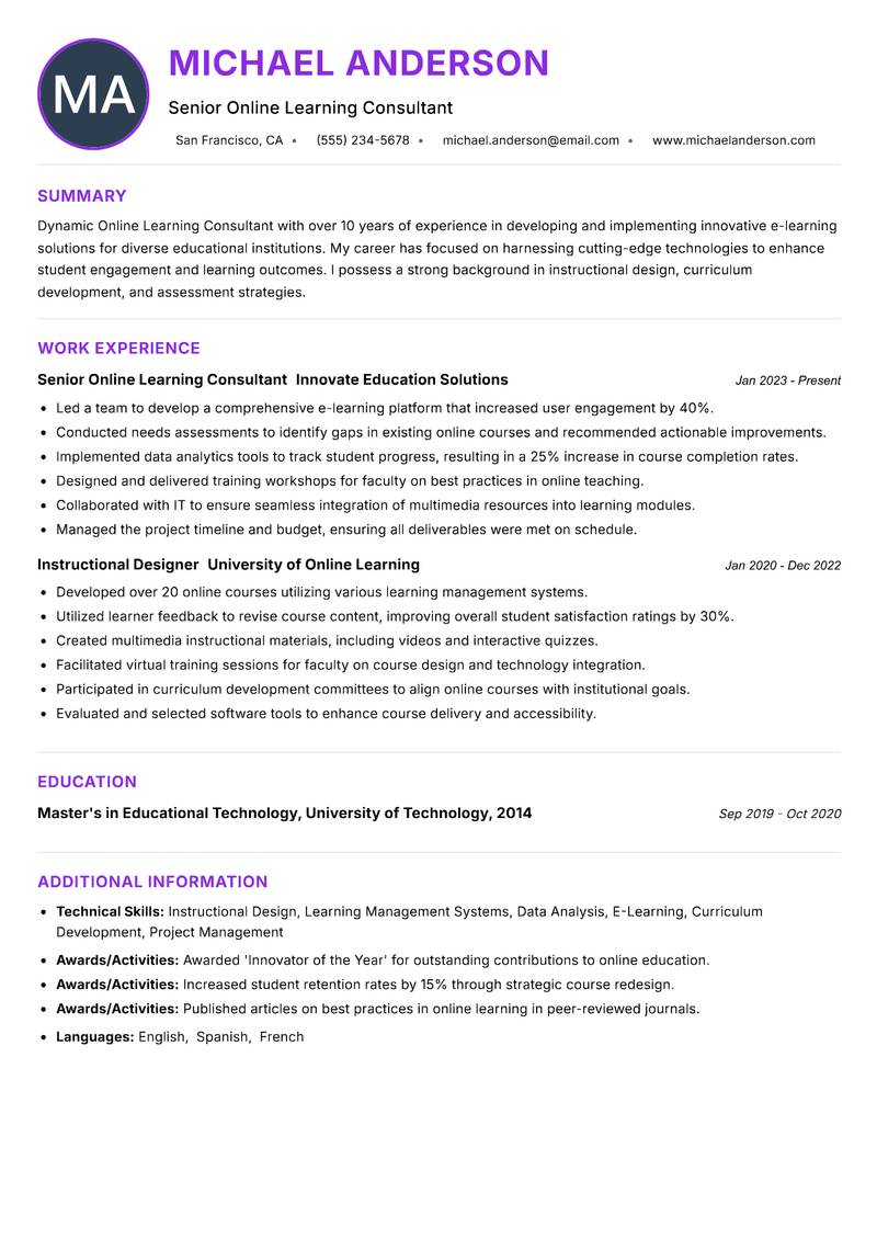 Online Learning Consultant Resume Preview Example