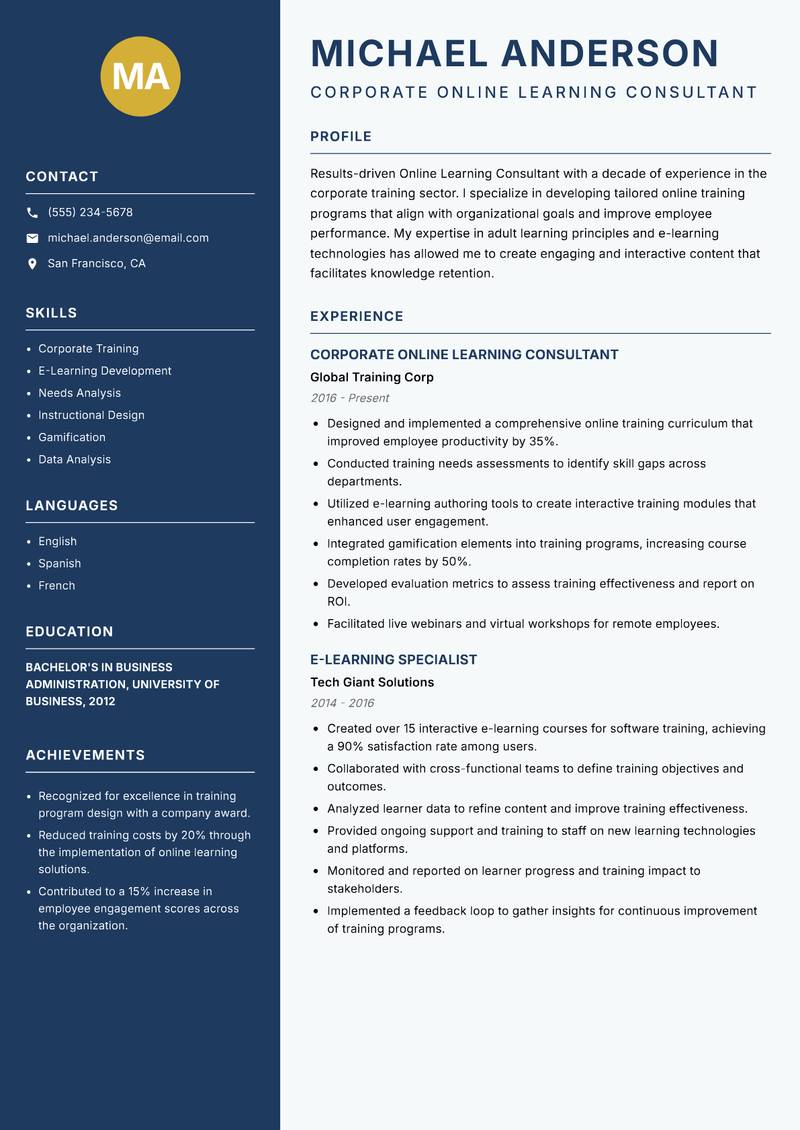 Online Learning Consultant Resume Preview Example