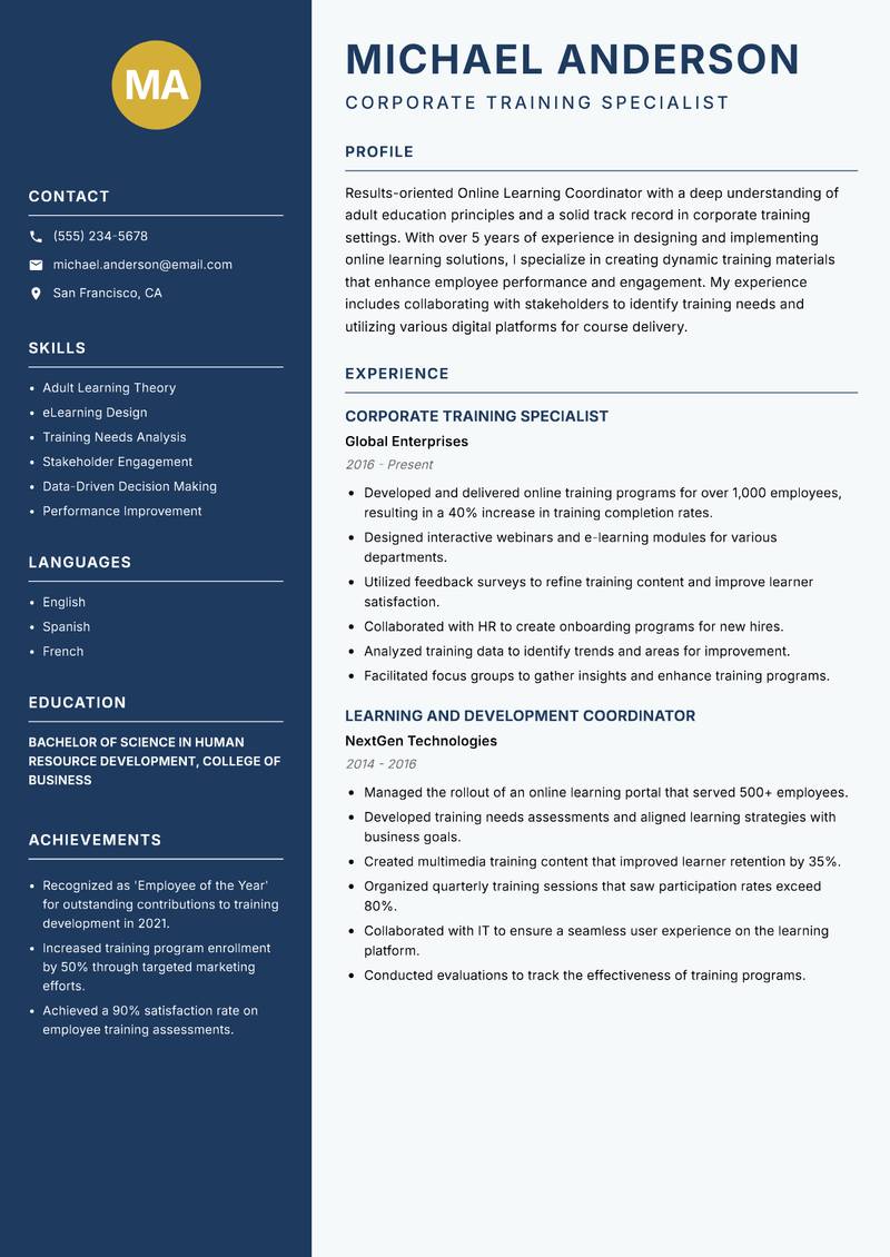 Online Learning Coordinator Resume Preview Example