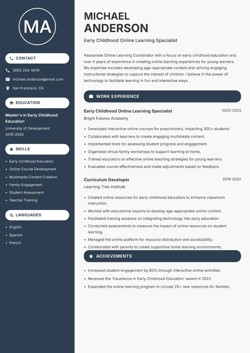 Online Learning Coordinator Resume Preview Example