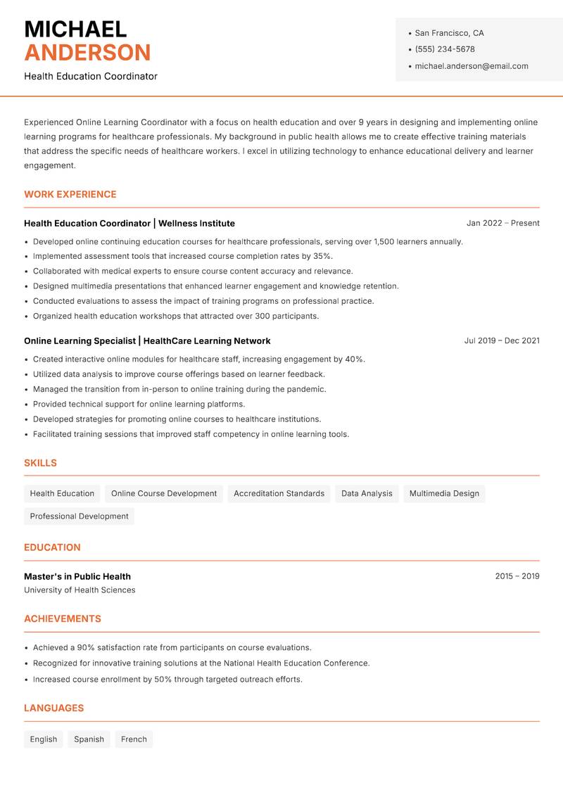 Online Learning Coordinator Resume Template