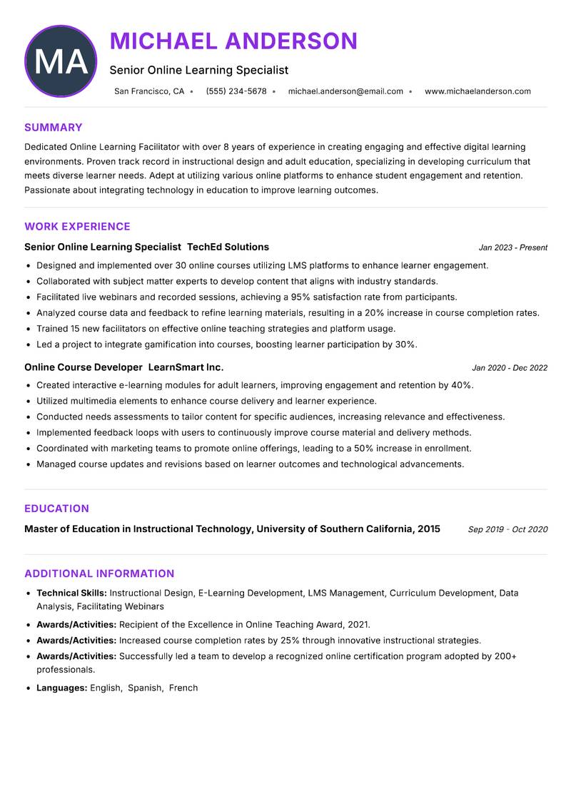 Online Learning Facilitator Resume Preview Example