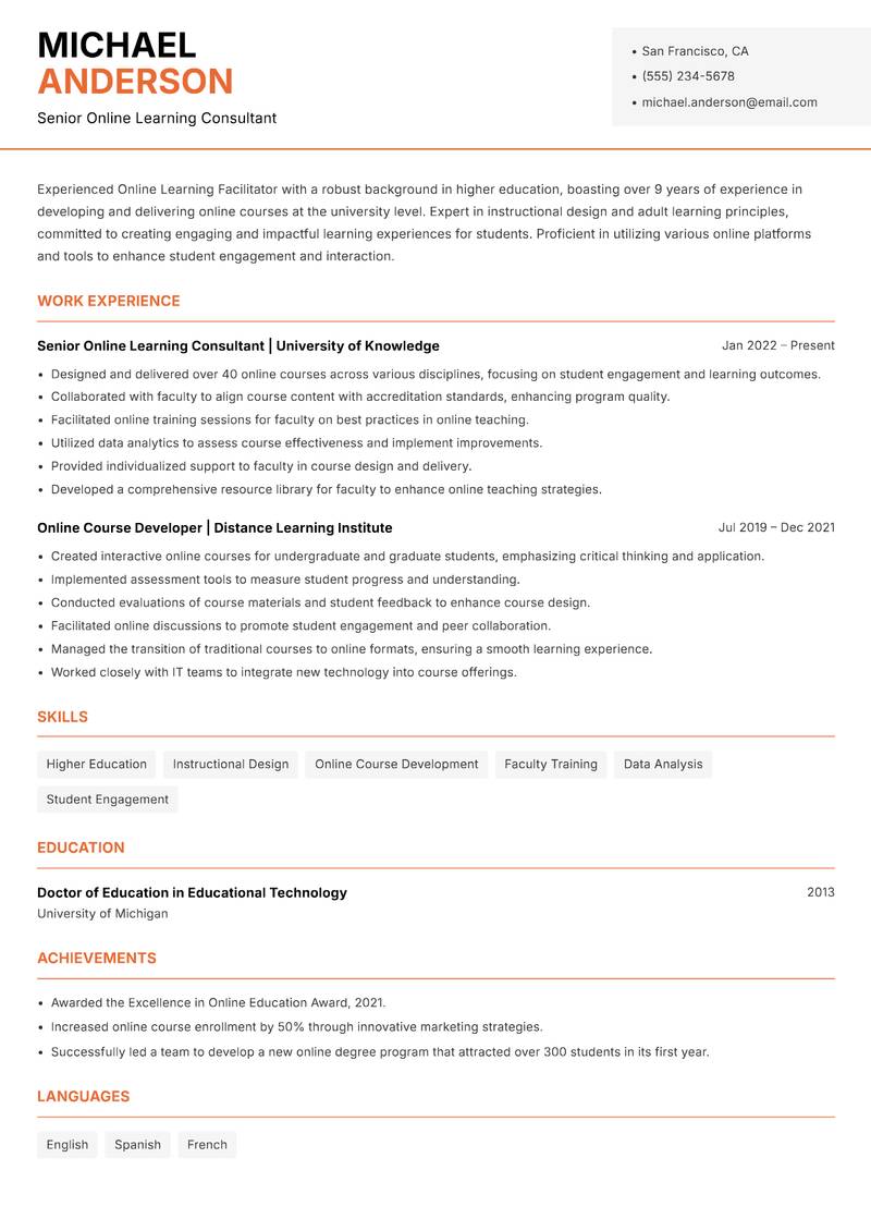 Online Learning Facilitator Resume Template