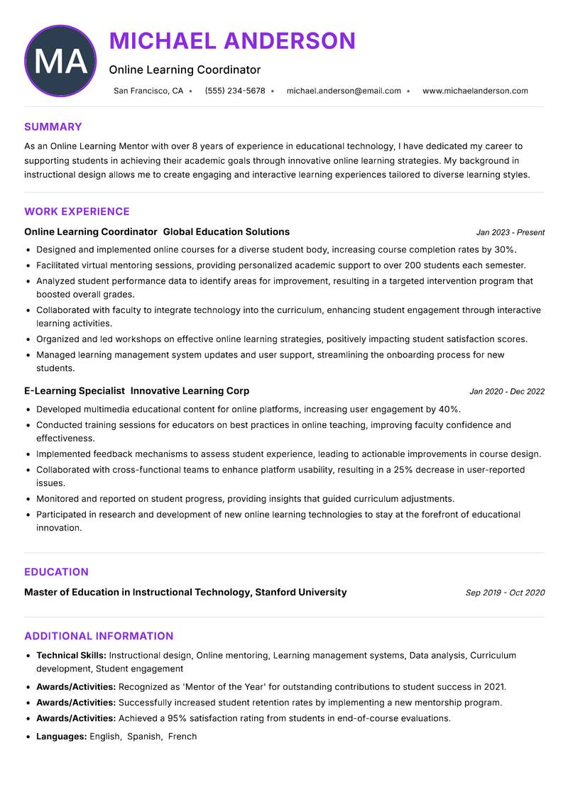 Online Learning Mentor Resume Preview Example