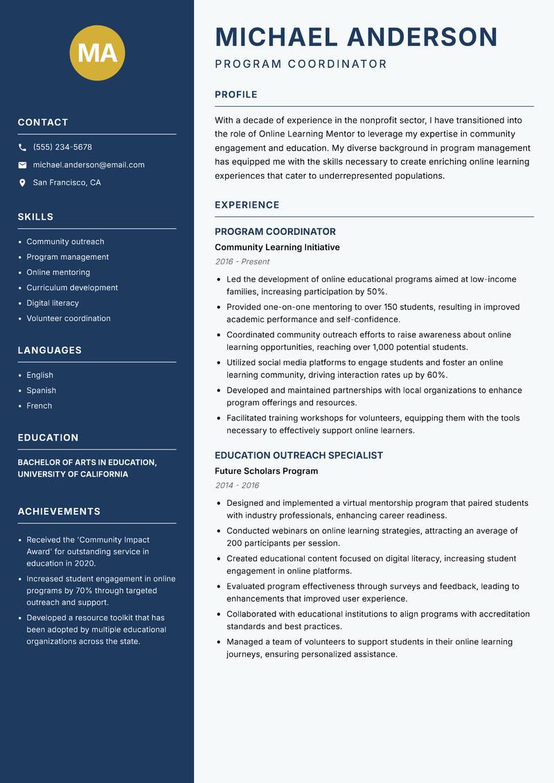Online Learning Mentor Resume Preview Example