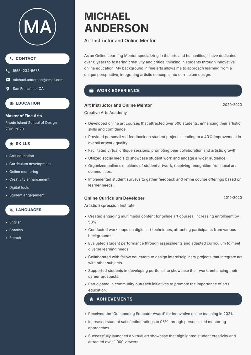 Online Learning Mentor Resume Preview Example