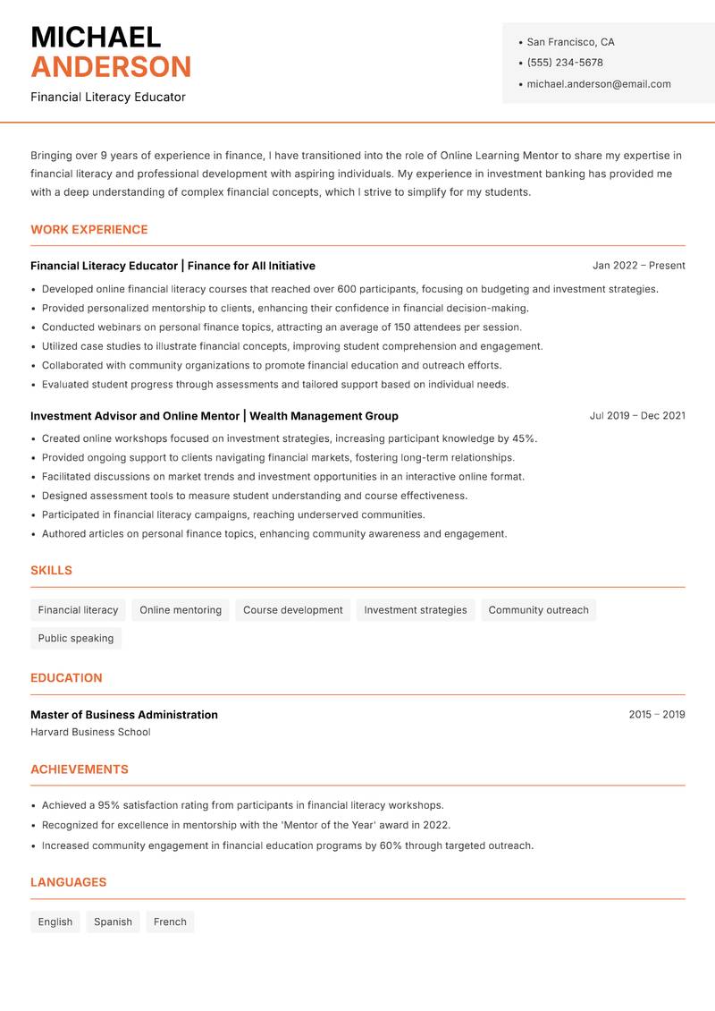 Online Learning Mentor Resume Template
