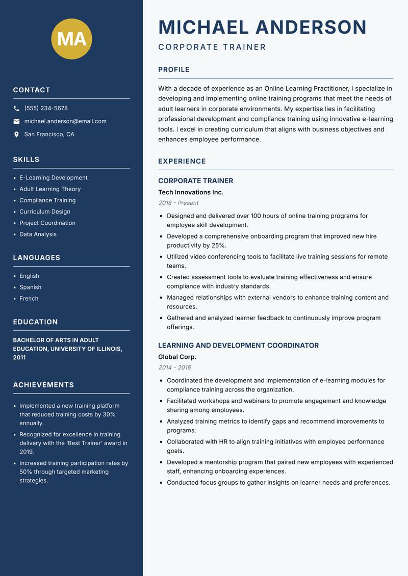 Online Learning Practitioner Resume Preview Example