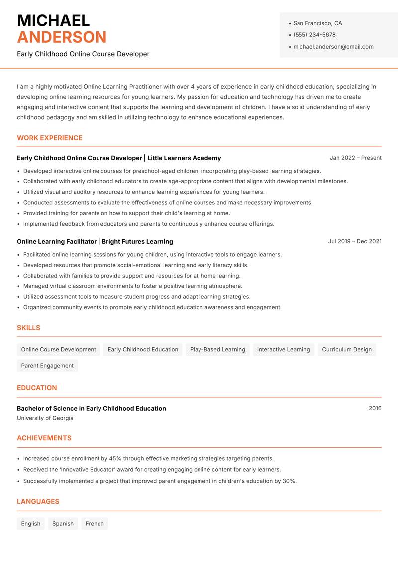 Online Learning Practitioner Resume Template
