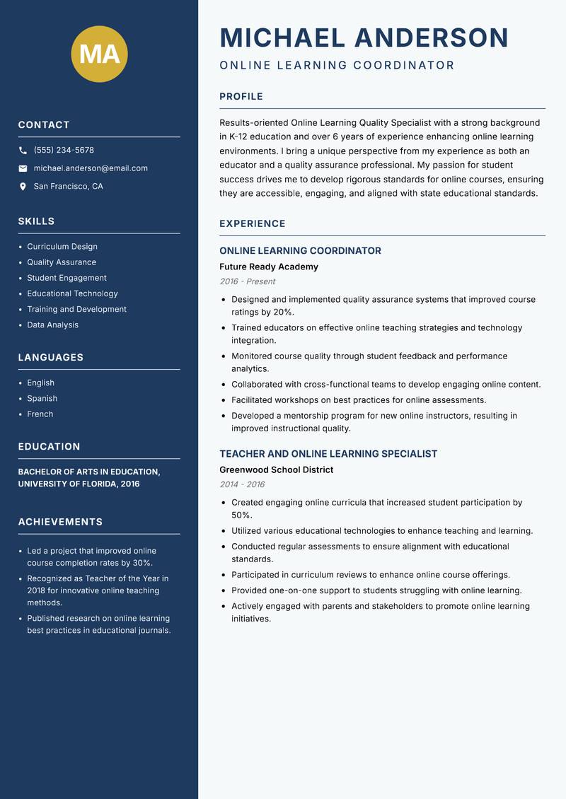 Online Learning Quality Specialist Resume Preview Example