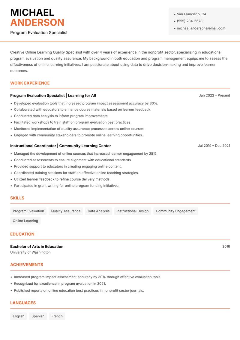 Online Learning Quality Specialist Resume Template